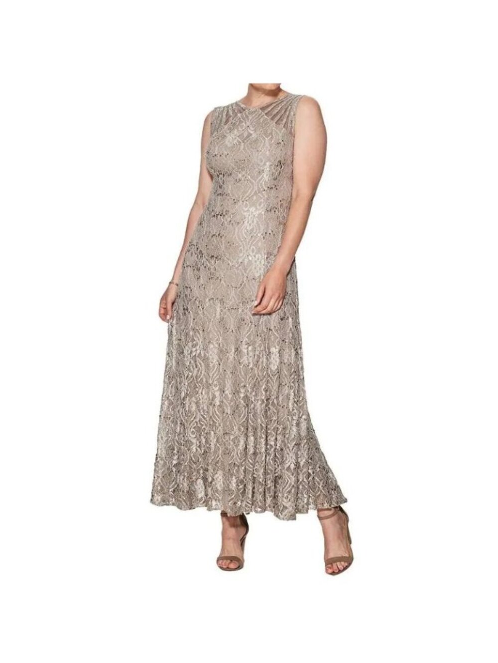 NWT R&M Richards Womens Champagne Lace Sequin Sleeveless Mermaid Gown Size 6